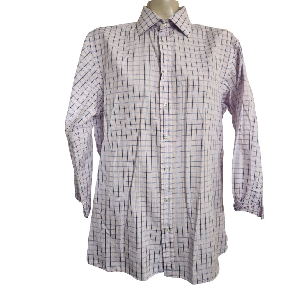 Thomas Pink Mens 16 34.5 Dress Shirt Pink Blue Check Cotton Made in Ireland